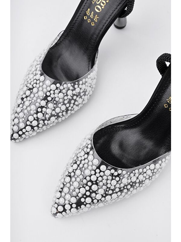 MARGARET Taşlı Sivri Burun Arkası Açık Lastikli Kadın Klasik Topuklu Ayakkabı - Görsel 8