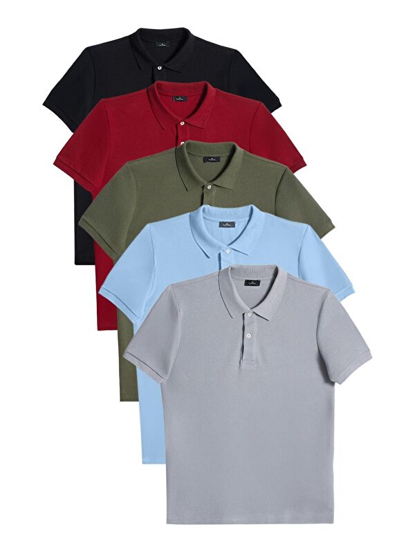 TUDORS Erkek 5'Li Paket Siyah-Bordo-Haki-Mavi-Gri Slim Fit Dar Kesim Pamuklu Düz Pike Polo Yaka Tişört