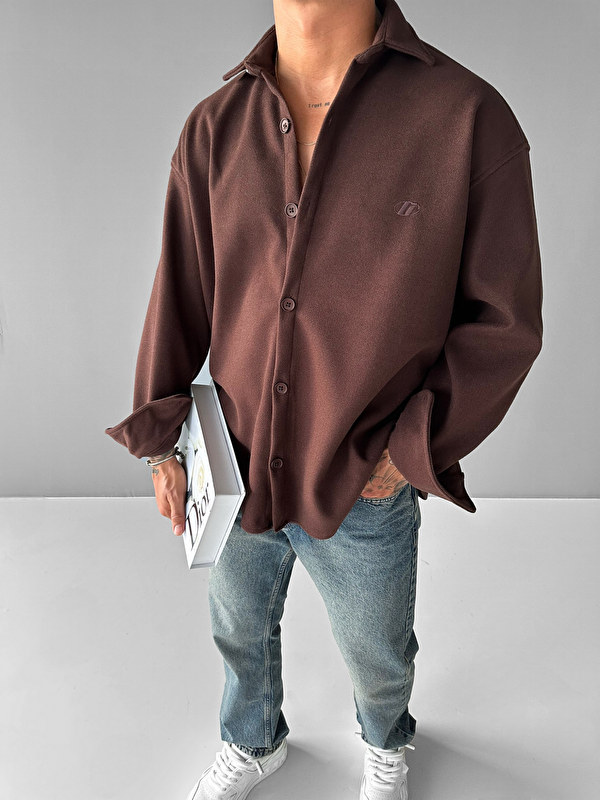 Abluka Online Erkek Oversize Basic Uzun Kollu Kaşe Gömlek Kahverengi