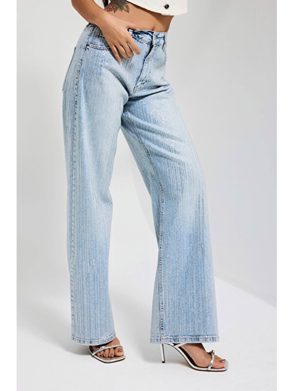 It's Basic Kadın Jean Rengi T-4s6-3 Loose Fit Ön Arka Parlak Taşlı Tasarım Denim Jean