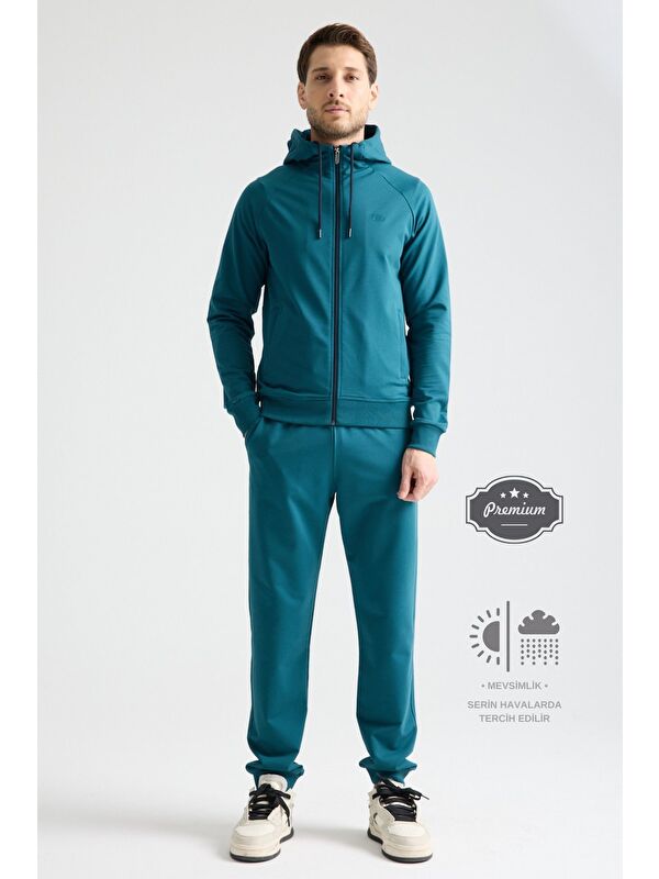 Shooter Sportswear Petrol Mavisi Erkek Elit Class Eşofman Takımı Mevsimlik Kapüşonlu Manşetli Paça Rahat Kalıp