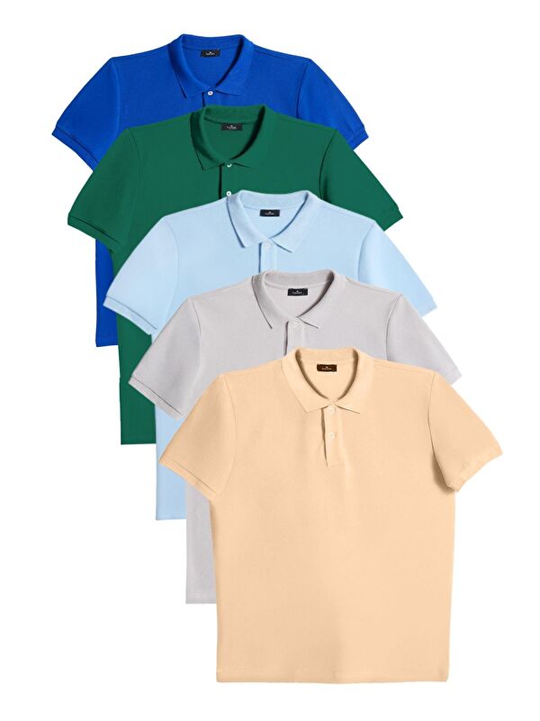 TUDORS Erkek 5Li Paket Saks Mavi-Zümrüt Yeşili-Mavi-Gri-Kum Beji Slim Fit Pamuklu Düz Pike Polo Yaka Tişört