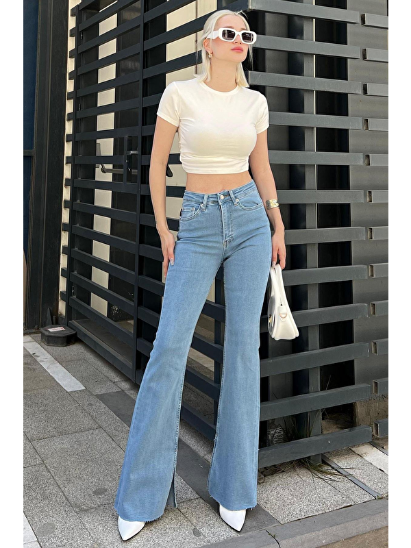 Madmext Açık Mavi Yırtmaçlı Elastanlı Çan Paça Jean Pantolon Mg1518