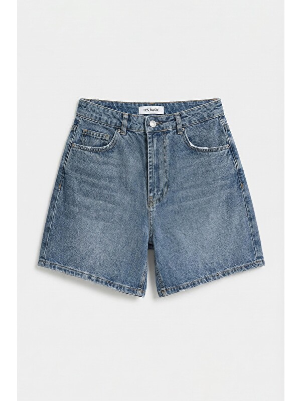 It's Basic Kadın Koyu Jean Rengi 2s6-125 Mom Fit Midi Boy %100 Pamuk Denim Şort