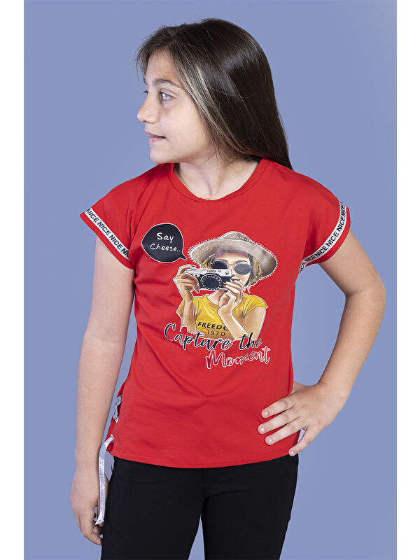 Toontoykids Kız Çocuk Şerit Detaylı Baskılı Tişört