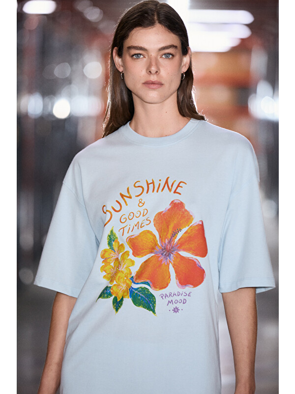 GRIMELANGE NITZA Kadın %100 Pamuk Oversize Bisiklet Yaka AÇIK MAVİ T-Shirt