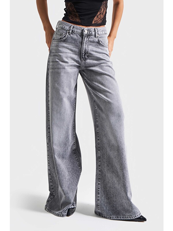 It's Basic Kadın Gri Renk Hera 4s5-13 Palazzo Fit Bol Kesim %100 Pamuk Orta Bel Denim Jean