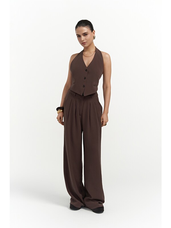 Mai Collection Pailey Sırt Dekolteli Kahve Yelek Pantolon Takım