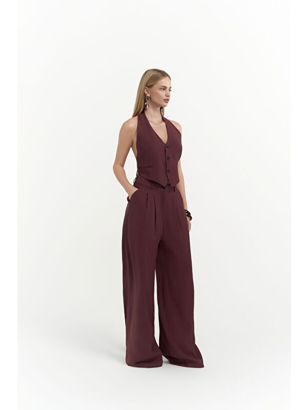 Mai Collection Pailey Sırt Dekolteli Bordo Yelek Pantolon Takım