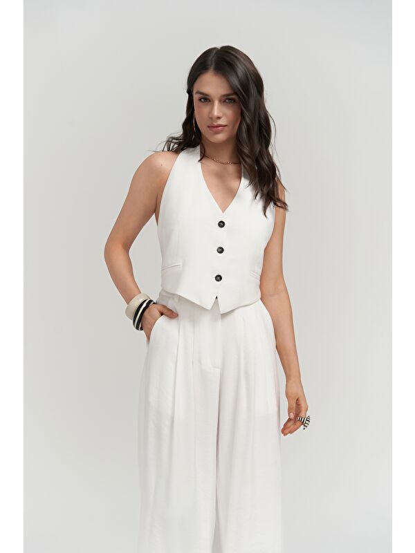 Mai Collection Pailey Sırt Dekolteli Ekru Yelek Pantolon Takım
