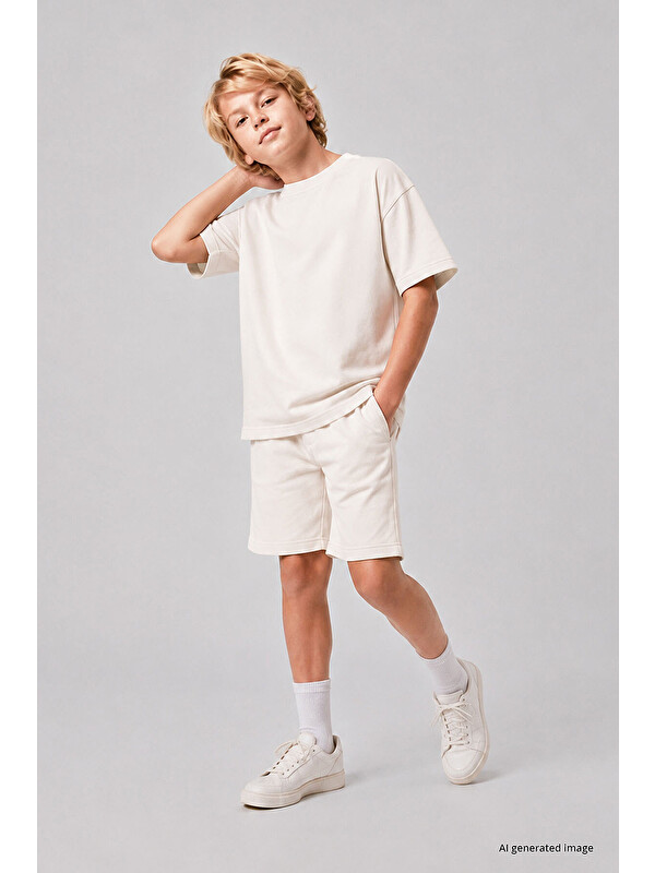 Tommylife Ekru Oversize Fit Basic Erkek Çocuk Şort Takım - 11335
