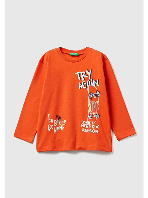 United Colors Of Benetton Erkek Çocuk Turuncu Baskılı Relaxed Fit Jarse Uzun Kollu T-shirt