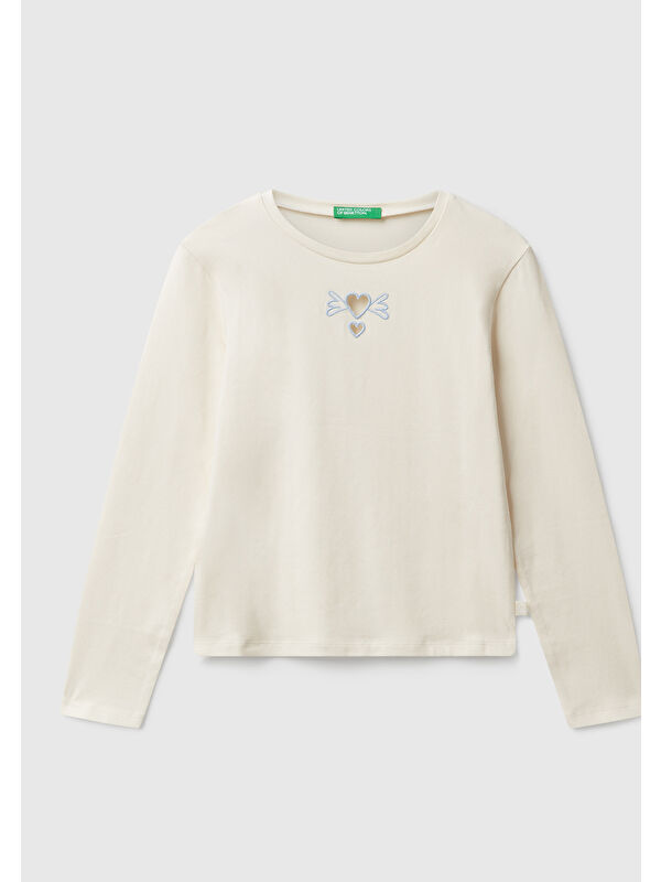 United Colors Of Benetton Kız Çocuk Ekru Önü Baskılı Logo Etiketli Jarse Uzun Kollu T-shirt