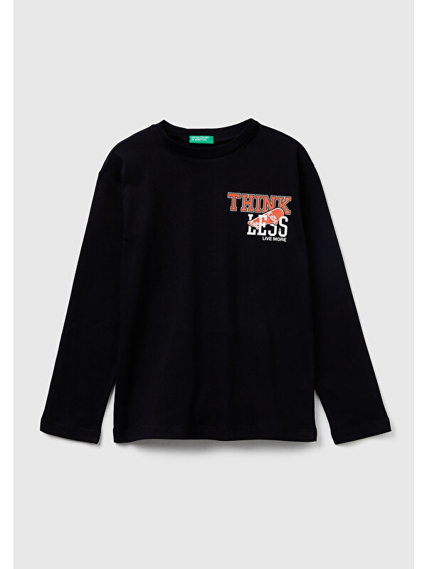 United Colors Of Benetton Erkek Çocuk Siyah Önü Baskılı Bisiklet Yaka Uzun Kollu T-shirt