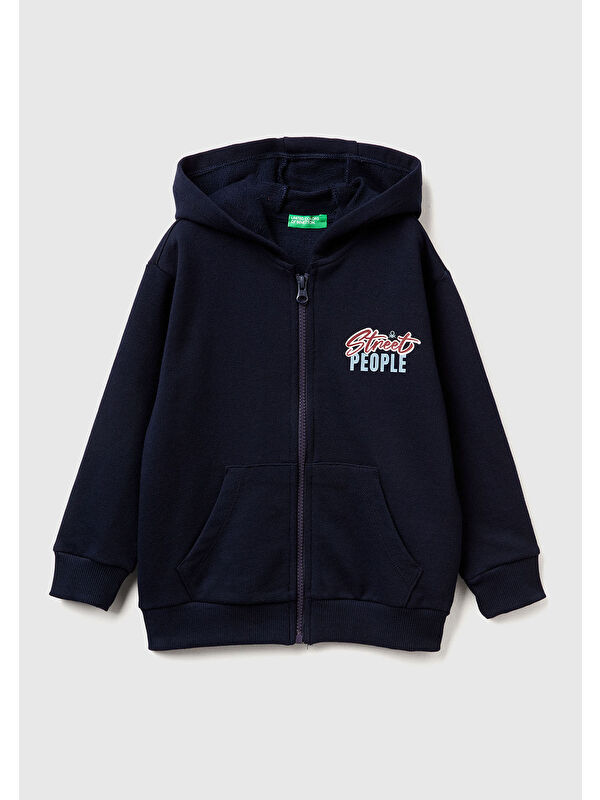 United Colors Of Benetton Erkek Çocuk Lacivert Baskılı Fermuarlı Kapüşonlu Relaxed Fit Sweatshirt