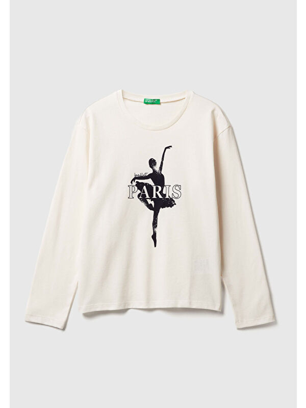 United Colors Of Benetton Kız Çocuk Krem Önü Baskılı Ribana Yakalı Relaxed Fit Uzun Kollu T-shirt
