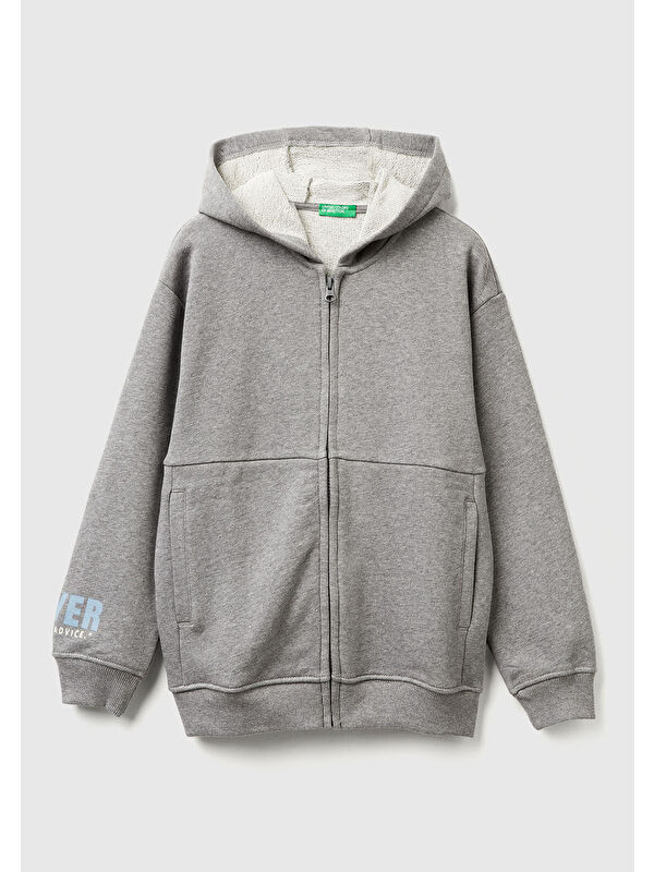 United Colors Of Benetton Erkek Çocuk Antrasit Melanj Baskılı Önü Fermuarlı Kapüşonlu Oversize Sweatshirt