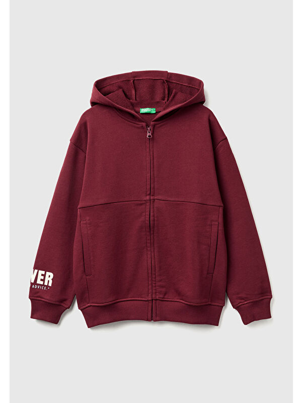 United Colors Of Benetton Erkek Çocuk Bordo Baskılı Önü Fermuarlı Kapüşonlu Oversize Sweatshirt