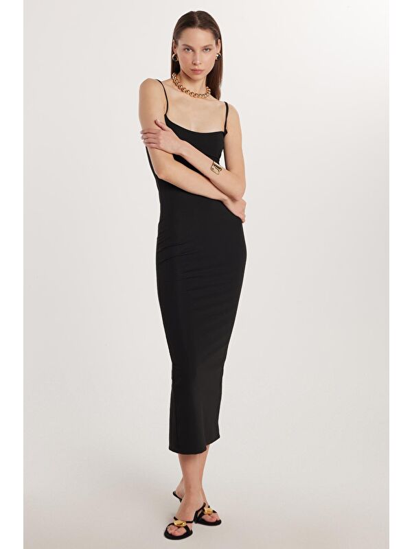 TUDORS Kadın Slim Fit Dar Kesim İnce Askılı Kare Yaka Siyah Elbise