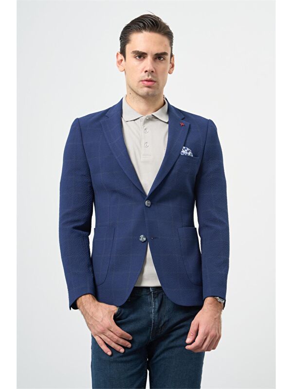 İMZA Koyu Lacivert Kareli Mono Yaka Elastanlı 6 Drop Ekstra Slim Fit Casual Ceket 1002240156
