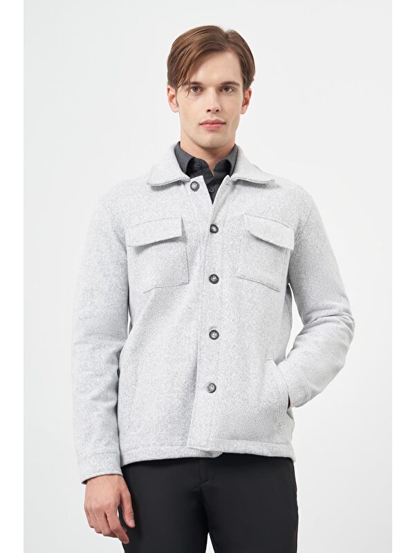 İMZA Gri Örme Ceket Yaka Jakarlı Desen Yırtmaçsız Astarsız Slim Fit Classic Mont 1007245161