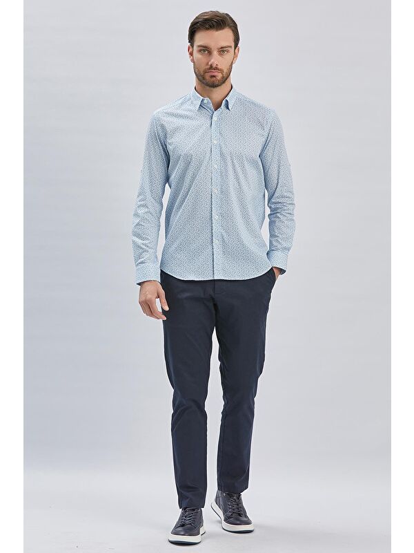 İMZA Mavi Kısalabilir Kol Cepsiz %97 Pamuk %3 Elastane Klasik Slim Fit Gömlek 1004240116
