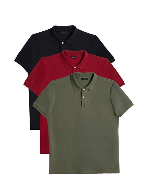 TUDORS Erkek 3'Lü Paket Siyah-Bordo-Haki Slim Fit Dar Kesim Pamuklu Düz Pike Polo Yaka Tişört