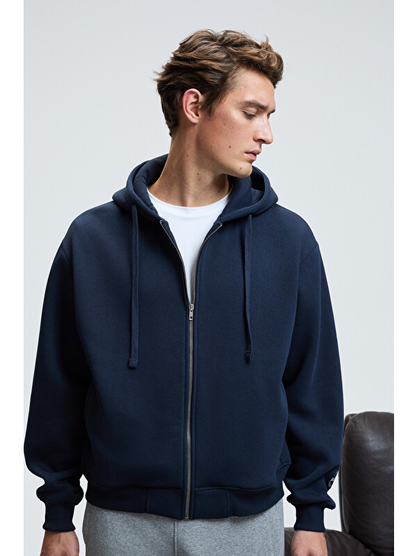 GRIMELANGE ASHBY Erkek Kapüşonlu Fermuarlı Cepli Kordonlu Boxy Kalıp LACİVERT Sweatshirt