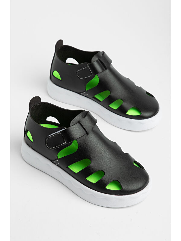TONNY BLACK Çocuk Unisex Siyah Hafif Tabanlı Rahat Cırtlı Sandalet