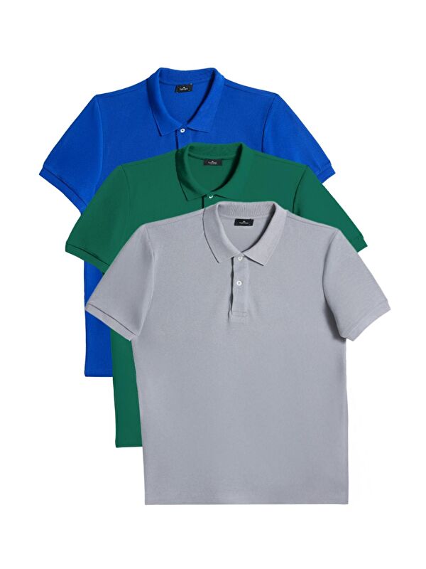 TUDORS Erkek 3'Lü Paket Saks Mavi-Zümrüt Yeşili-Gri Slim Fit Dar Kesim Pamuklu Düz Pike Polo Yaka Tişört