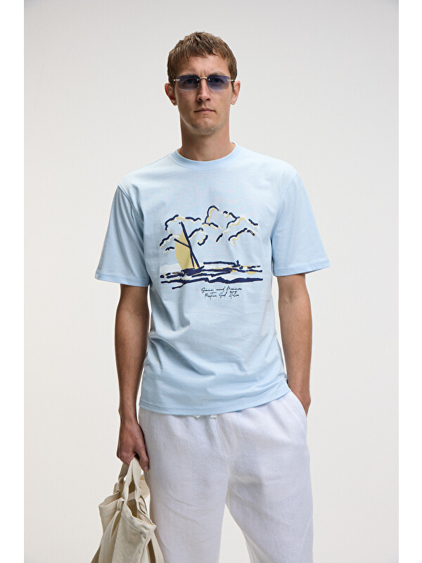 GRIMELANGE PROVENCE Erkek Bisiklet Yaka %100 Organik Pamuklu Regular Fit MAVİ T-Shirt