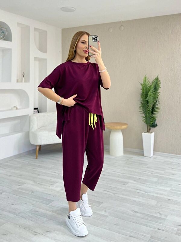 Jane's Kadın Kısa Kollu Bisiklet Yaka Viskon Iki Iplik Bluz Ve Pantolon Ikili Takım