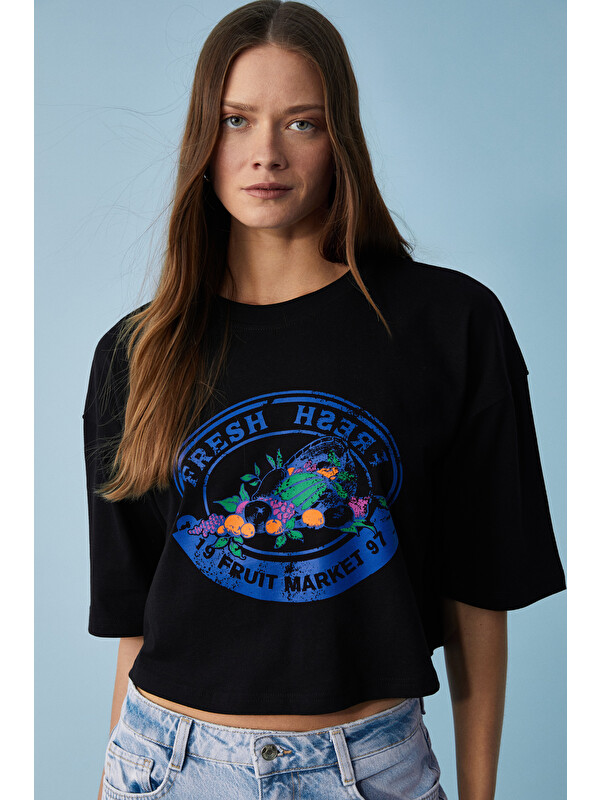 ETHIQUET AHRI Kadın Relaxed Bisiklet Yaka Baskılı SİYAH T-Shirt