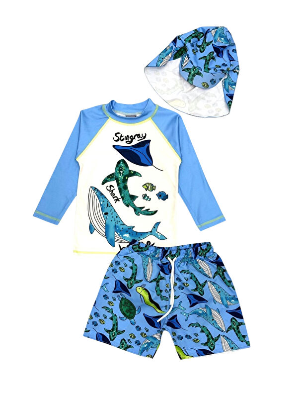 My Kids Wear Güneş Korumalı Boneli Karakter Desenli Deniz Şortlu Mayo Takım
