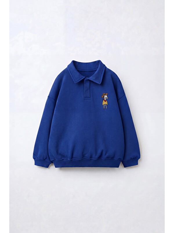 Magu Çocuk Polo Yaka Mavi Nakış Detaylı Sweatshirt