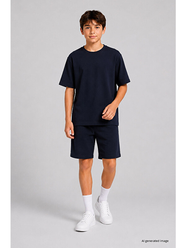 Tommylife Lacivert Oversize Fit Basic Erkek Çocuk Şort Takım - 11335