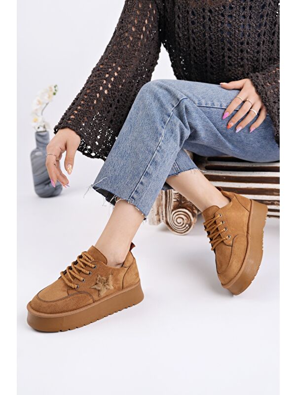 KOZMOS Kalın Taban Bağcıklı Yıldız Detaylı Kadın Kışlık Sneaker Spor Ayakkabı - Görsel 8