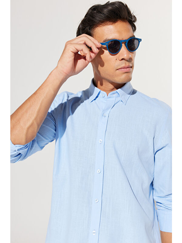 AC&Co / Altınyıldız Classics Erkek Mavi %100 Pamuk Oxford Slim Fit Dar Kesim Düğmeli Yaka Flamlı Gömlek