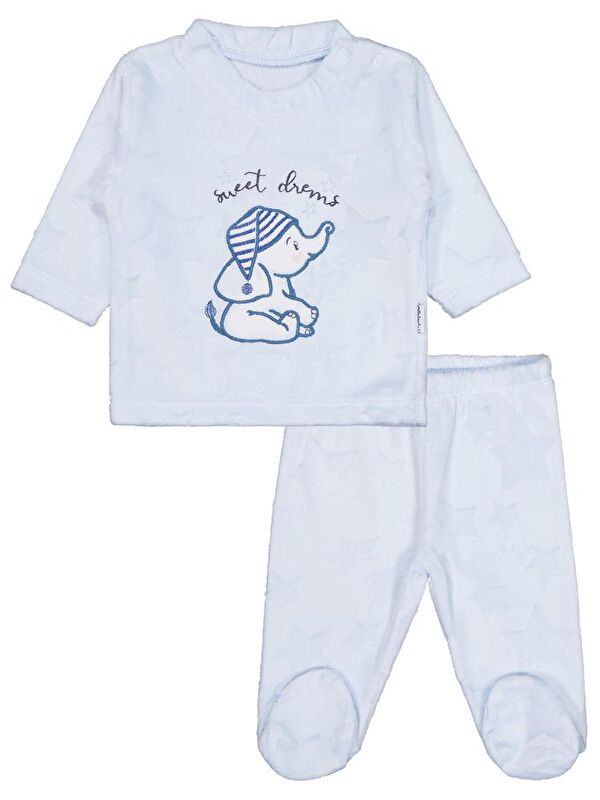 Minidamla Filli Nakış Patikli 2Li 1-6 Ay Pijama Takımı - Mavi 1-3 Ay
