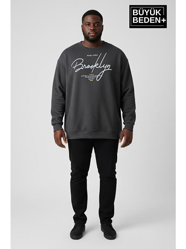 Süperlife Erkek Büyük Beden El Yazılı Brooklyn Baskılı Bisiklet Yaka İnce Sweatshirt SPR26BSW956-6