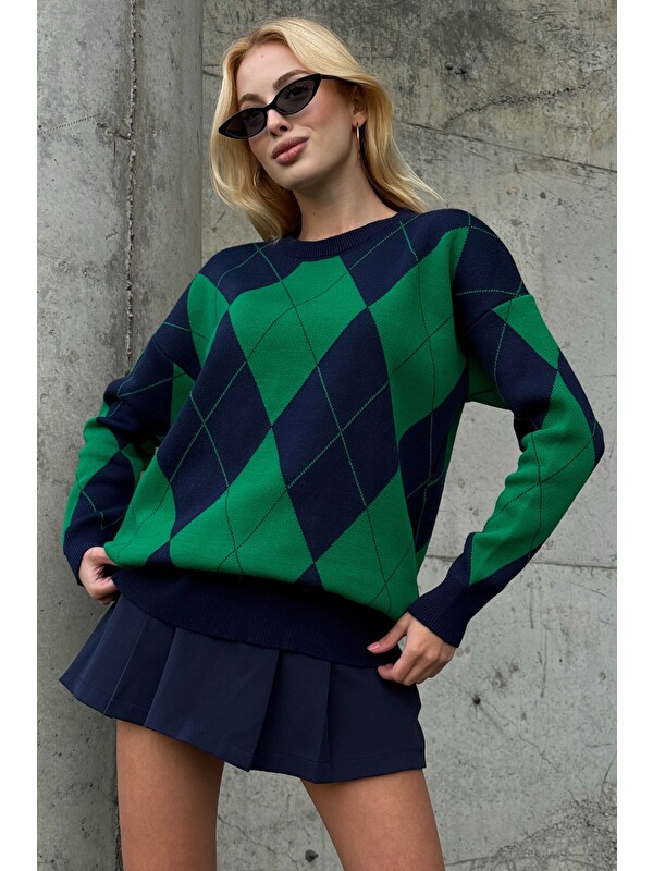 Chiccy Lacivert-Yeşil Bisiklet Yaka Uzun Kol Baklava Desenli Long Fit Oversize Triko Kazak 74 58