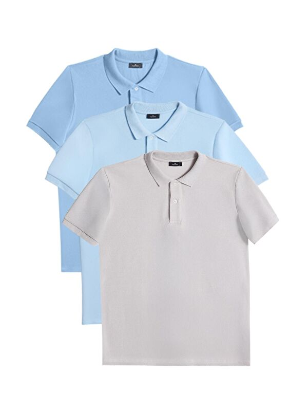 TUDORS Erkek 3'Lü Paket Koyu Mavi-Mavi-Gri Slim Fit Dar Kesim Pamuklu Düz Pike Polo Yaka Tişört
