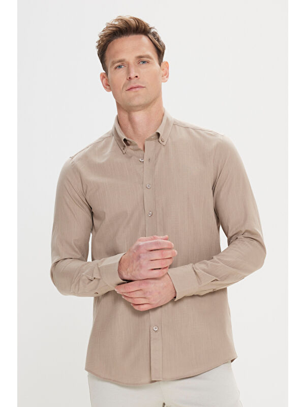 AC&Co / Altınyıldız Classics Erkek Vizon %100 Pamuk Oxford Slim Fit Dar Kesim Düğmeli Yaka Flamlı Gömlek