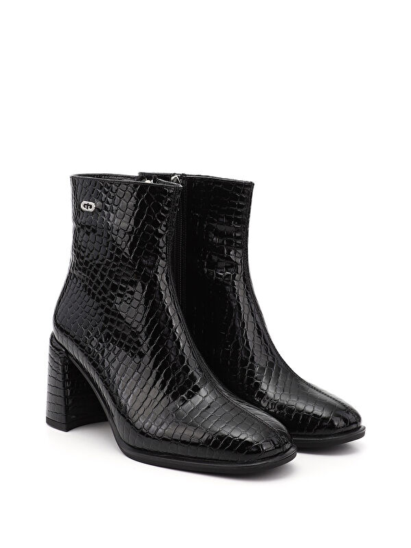 Kadın AÇIK SİYAH Fermuarlı Küt Burunlu Kalın Topuklu Bot - Görsel 3