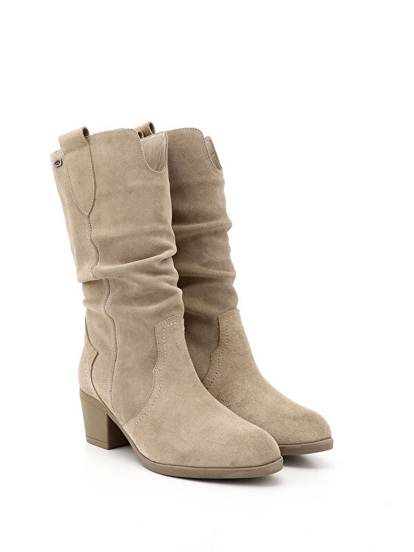 Kadın BEJ Kalın Topuklu Körüklü Hakiki Deri Çizme - Görsel 3