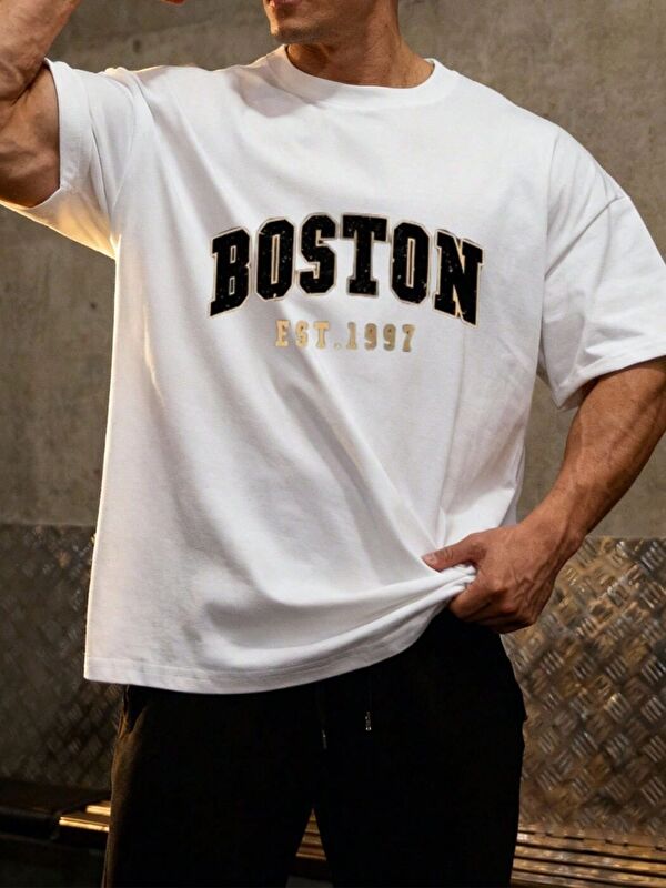 Trendseninle Erkek Beyaz Boston 1997 Baskı Detay %100 Organik Pamuk Örme Oversize Tişört