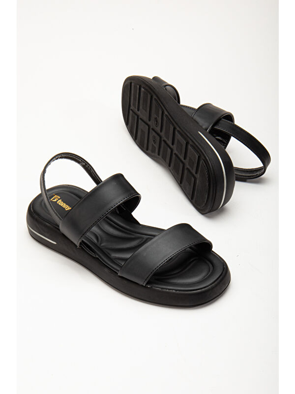 Kadın Siyah Cilt Rahat Kalıp Poli Taban Çift Bantlı Sandalet - Görsel 5