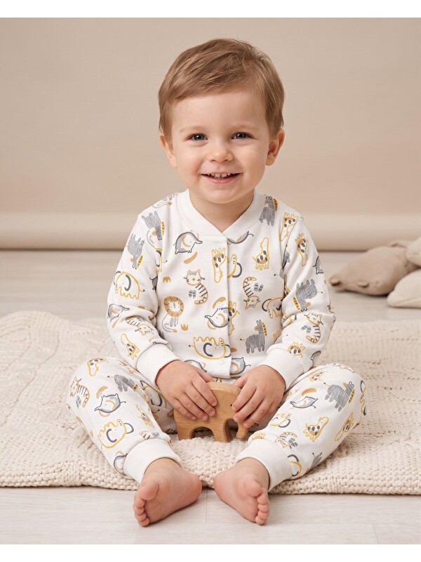Ege Bebek Erkek Çocuk Çıtçıtlı Hayvanlar Baskılı 0-6 Yaş %100 Pamuklu Mevsimlik Pijama Takımı