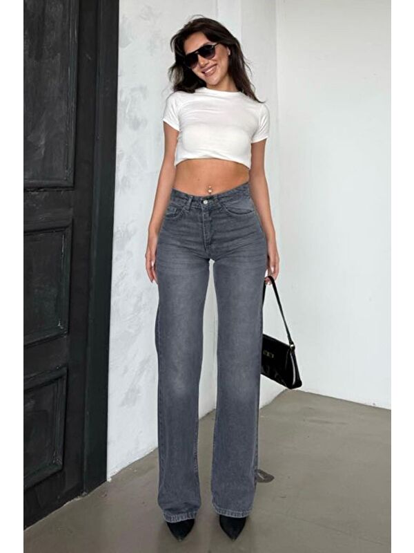 Madmext Gri Yüksek Bel Kadın Wide Leg Pantolon Mg2388