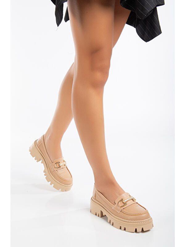 Kadın Nude Cilt Rahat Kalıp Yüksek Poli Taban Önü Tokalı Loafer - Görsel 3